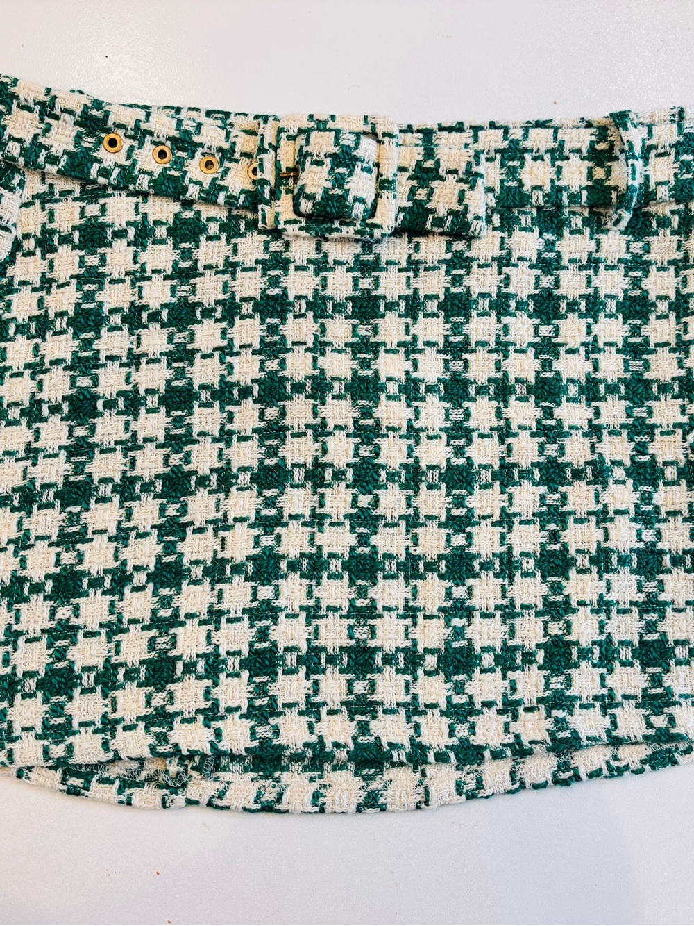 ZARA Green and Cream Houndstooth Tweed Mini Skirt with Eyelet Belt size XL - Picture 3 of 11